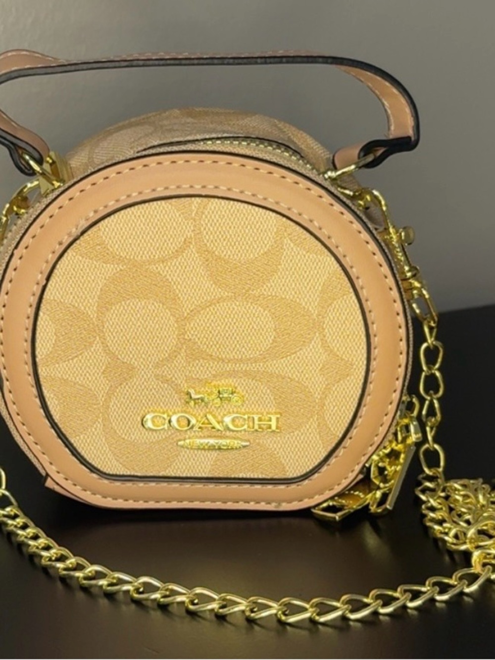 Coach Round Mini Crossbody in Tan and Cream with Gold Hardware